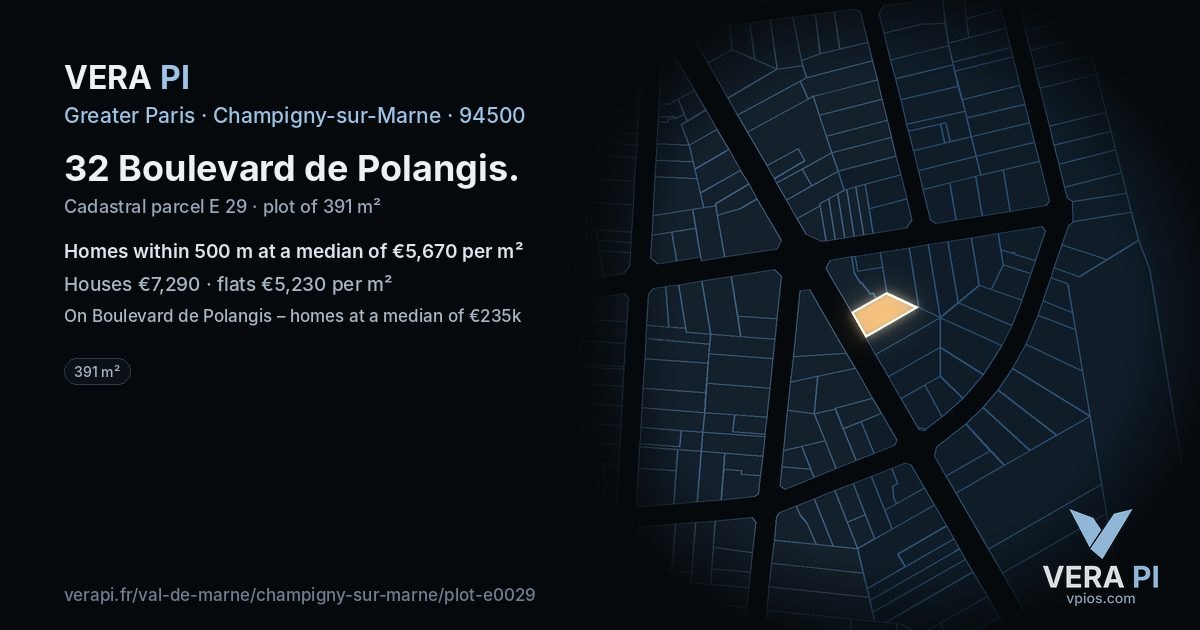 32 Boulevard de Polangis, Champigny-sur-Marne at night – the plot lit, the parcels around coloured by the prices near them