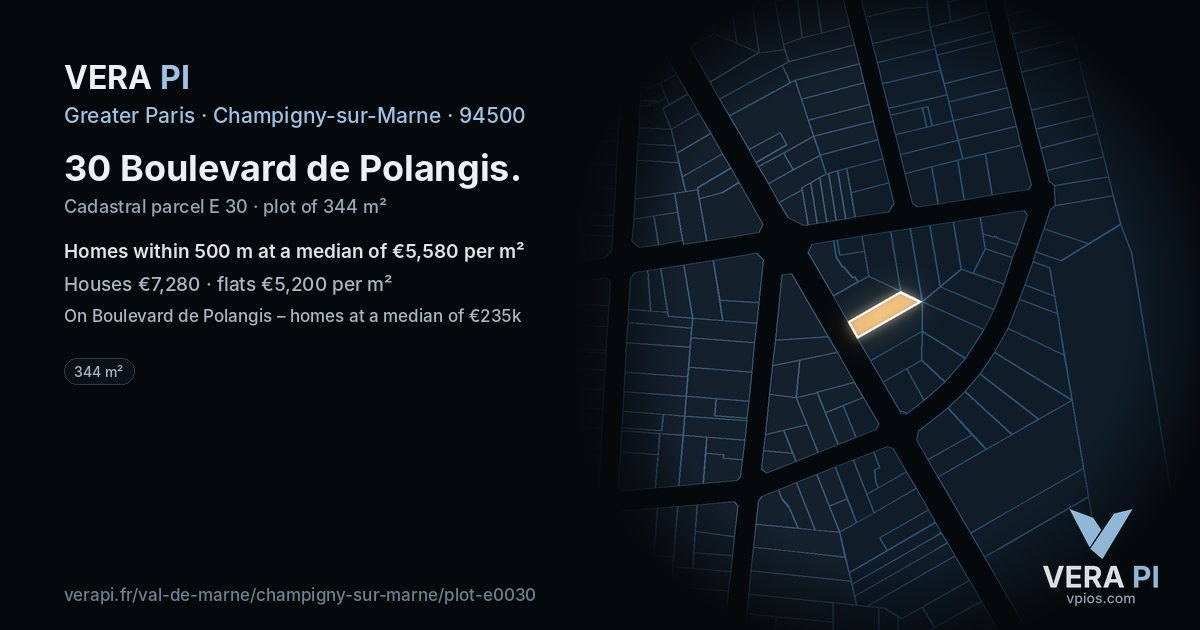 30 Boulevard de Polangis, Champigny-sur-Marne at night – the plot lit, the parcels around coloured by the prices near them