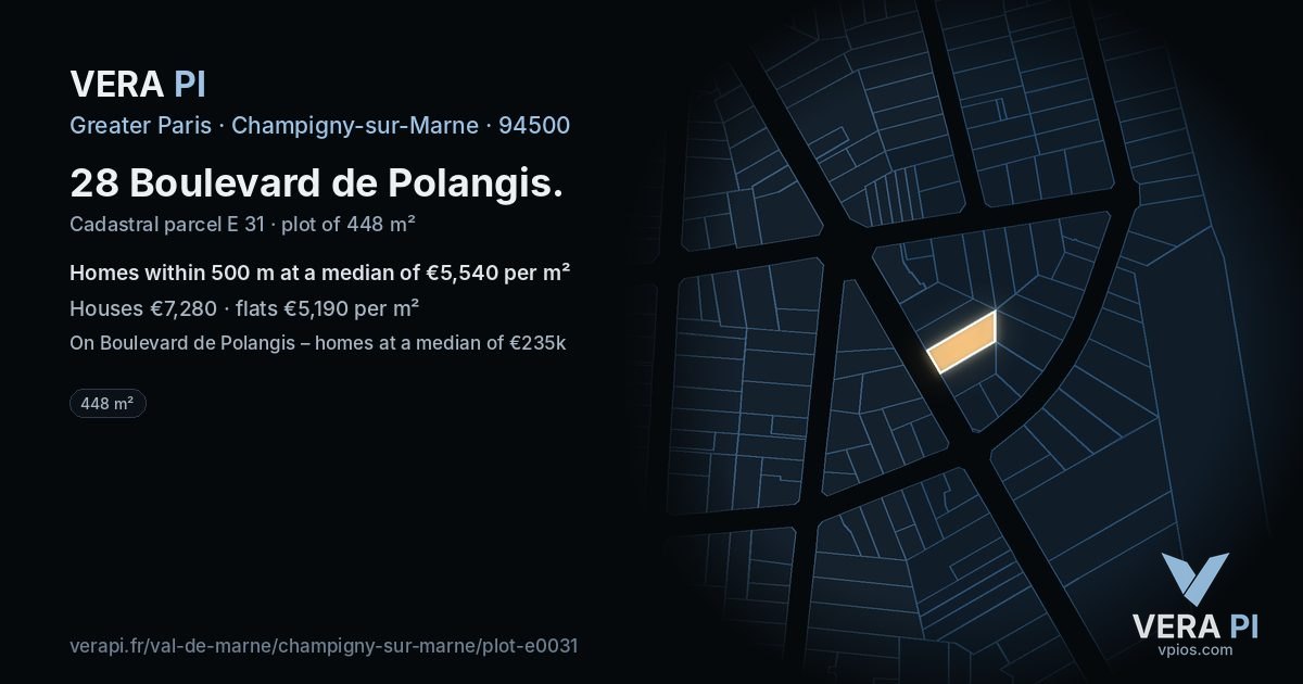 28 Boulevard de Polangis, Champigny-sur-Marne at night – the plot lit, the parcels around coloured by the prices near them