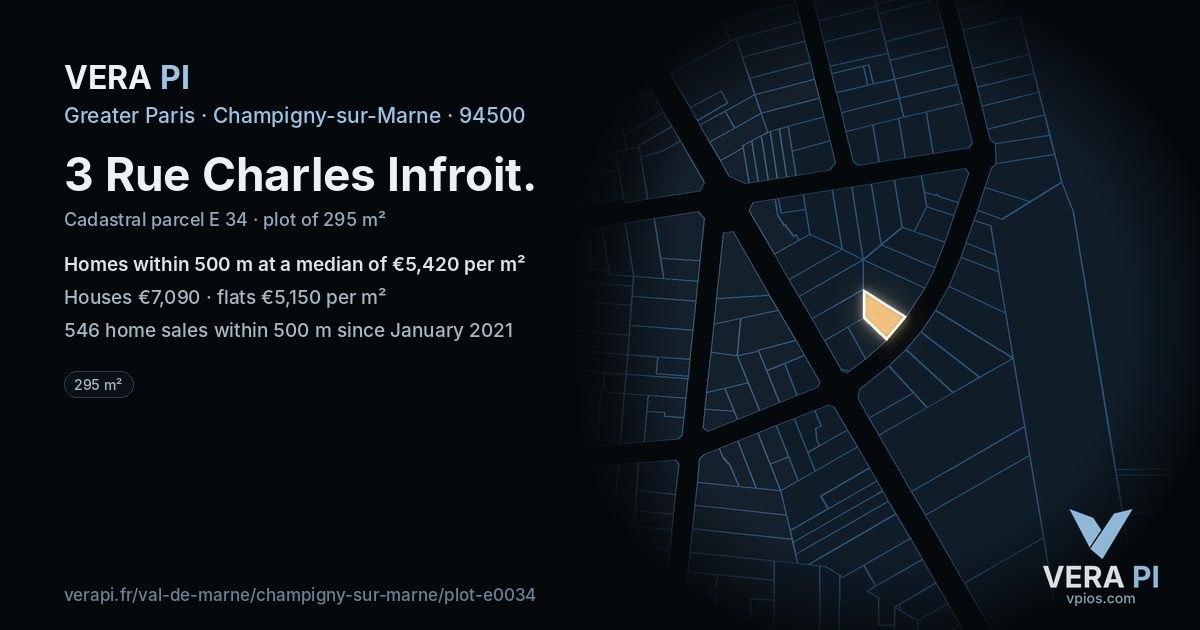 3 Rue Charles Infroit, Champigny-sur-Marne at night – the plot lit, the parcels around coloured by the prices near them