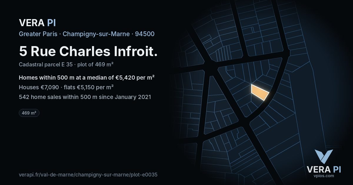 5 Rue Charles Infroit, Champigny-sur-Marne at night – the plot lit, the parcels around coloured by the prices near them