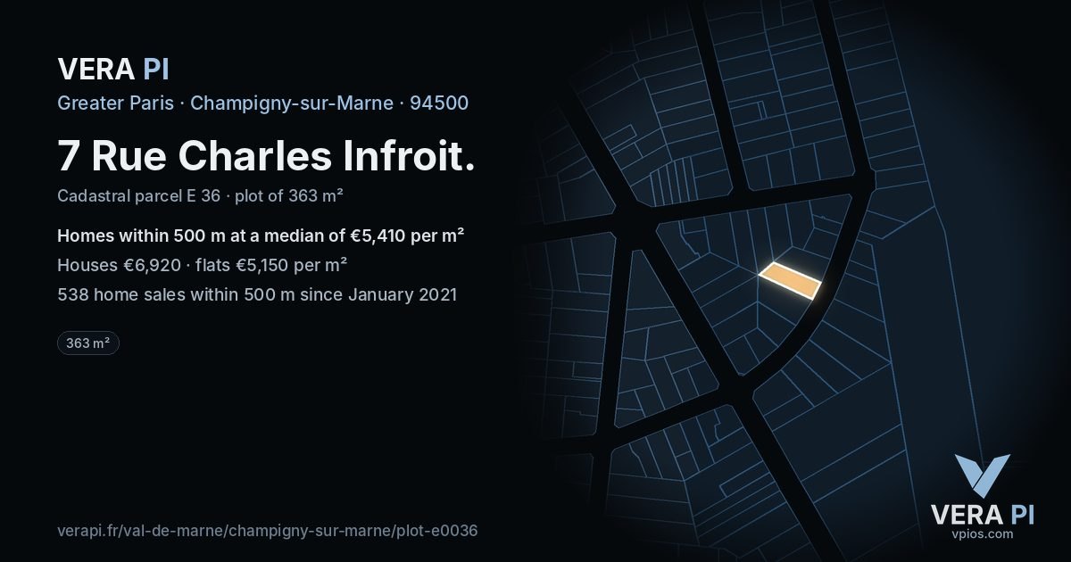 7 Rue Charles Infroit, Champigny-sur-Marne at night – the plot lit, the parcels around coloured by the prices near them