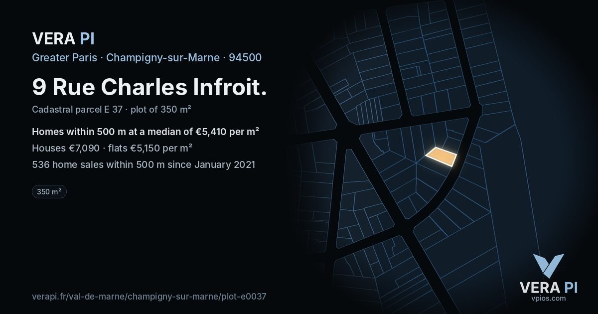 9 Rue Charles Infroit, Champigny-sur-Marne at night – the plot lit, the parcels around coloured by the prices near them