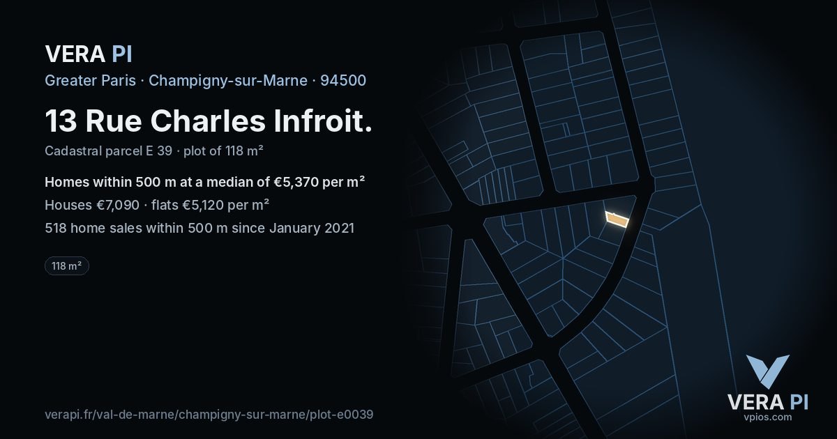 13 Rue Charles Infroit, Champigny-sur-Marne at night – the plot lit, the parcels around coloured by the prices near them