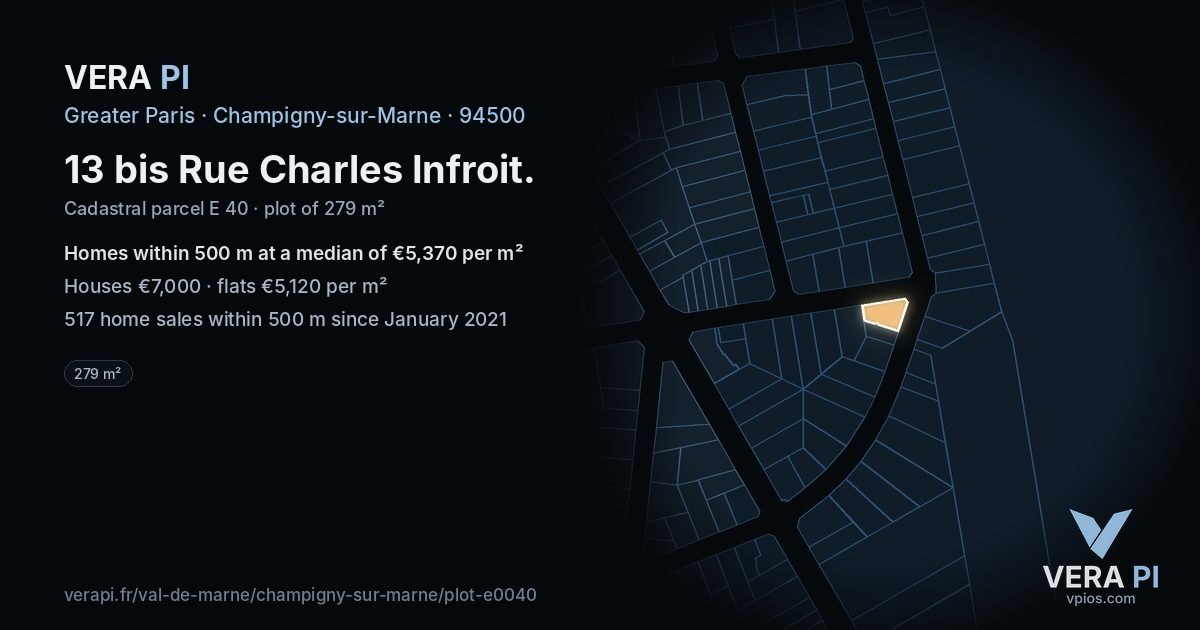 13 bis Rue Charles Infroit, Champigny-sur-Marne at night – the plot lit, the parcels around coloured by the prices near them
