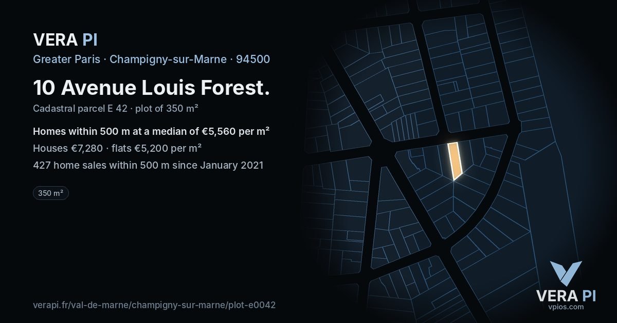 10 Avenue Louis Forest, Champigny-sur-Marne at night – the plot lit, the parcels around coloured by the prices near them