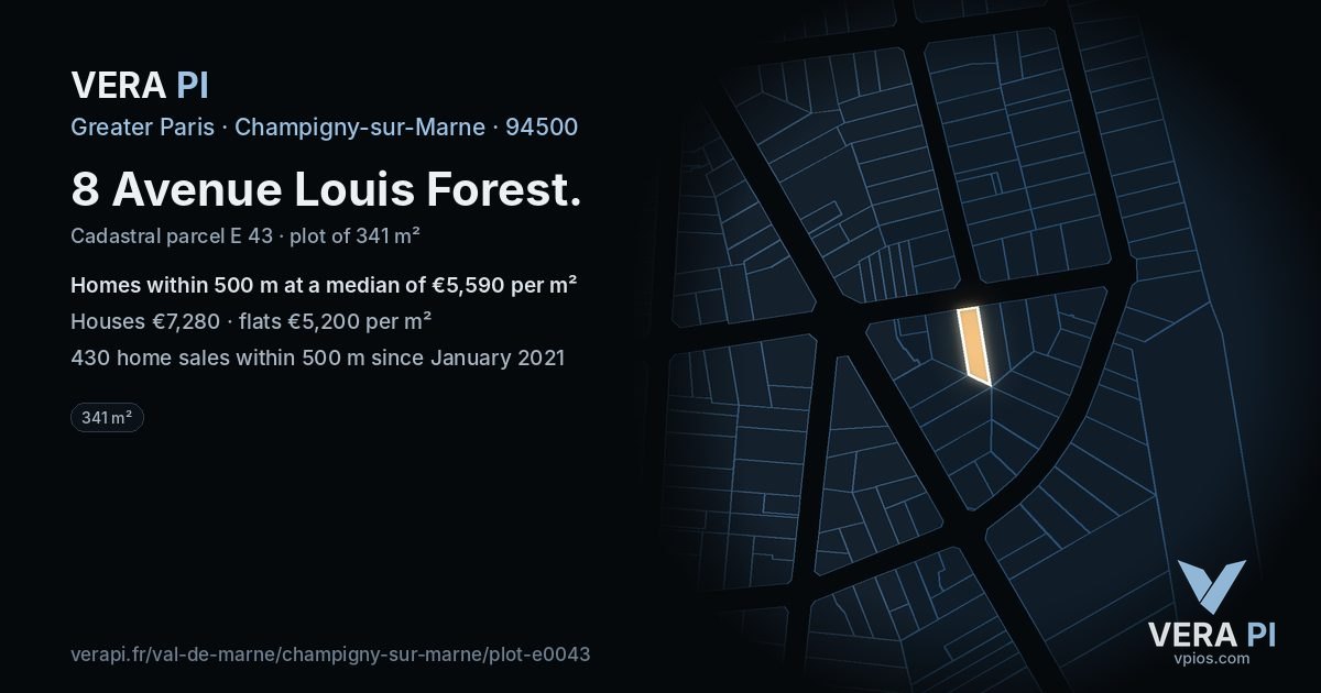 8 Avenue Louis Forest, Champigny-sur-Marne at night – the plot lit, the parcels around coloured by the prices near them