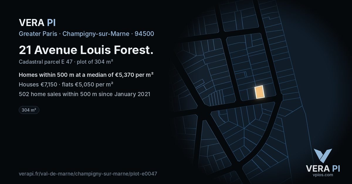 21 Avenue Louis Forest, Champigny-sur-Marne at night – the plot lit, the parcels around coloured by the prices near them
