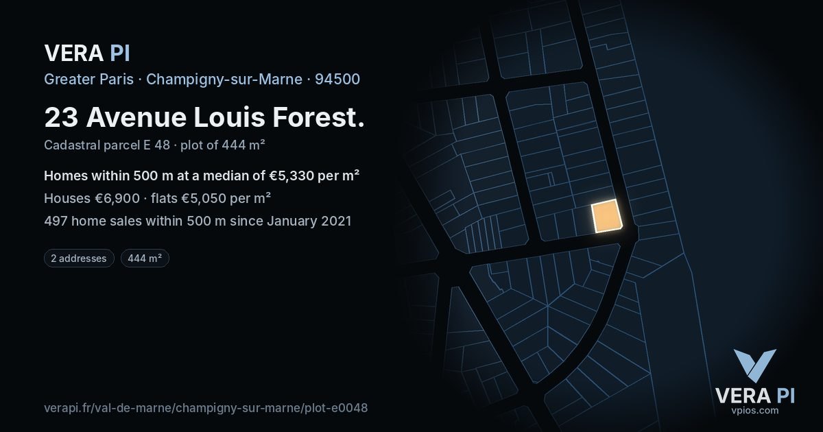 23 Avenue Louis Forest, Champigny-sur-Marne at night – the plot lit, the parcels around coloured by the prices near them