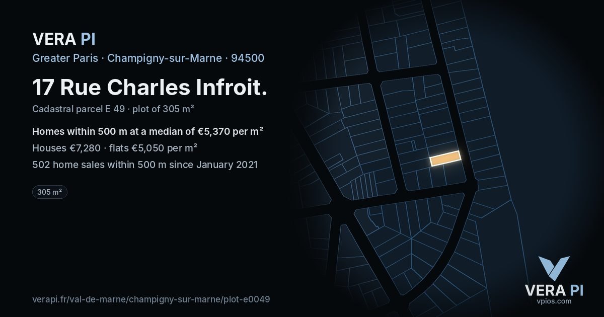 17 Rue Charles Infroit, Champigny-sur-Marne at night – the plot lit, the parcels around coloured by the prices near them