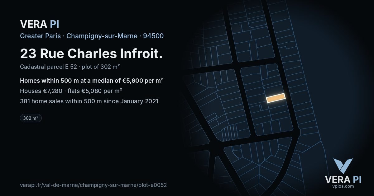 23 Rue Charles Infroit, Champigny-sur-Marne at night – the plot lit, the parcels around coloured by the prices near them