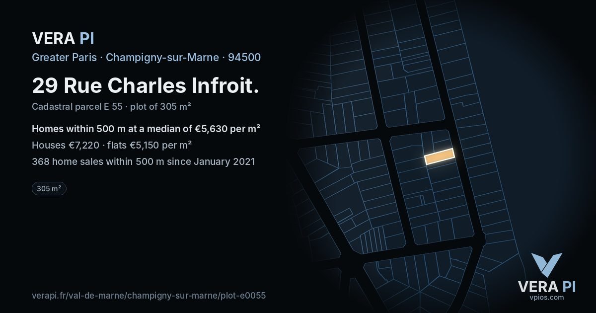 29 Rue Charles Infroit, Champigny-sur-Marne at night – the plot lit, the parcels around coloured by the prices near them