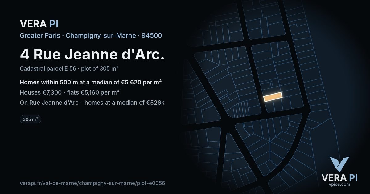 4 Rue Jeanne d'Arc, Champigny-sur-Marne at night – the plot lit, the parcels around coloured by the prices near them
