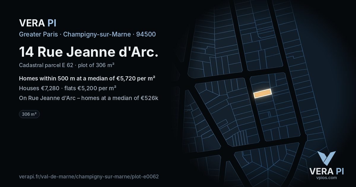 14 Rue Jeanne d'Arc, Champigny-sur-Marne at night – the plot lit, the parcels around coloured by the prices near them
