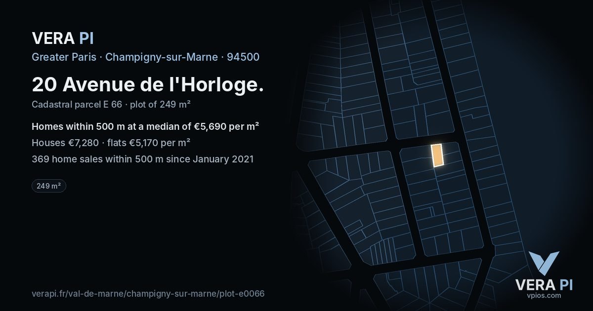 20 Avenue de l'Horloge, Champigny-sur-Marne at night – the plot lit, the parcels around coloured by the prices near them