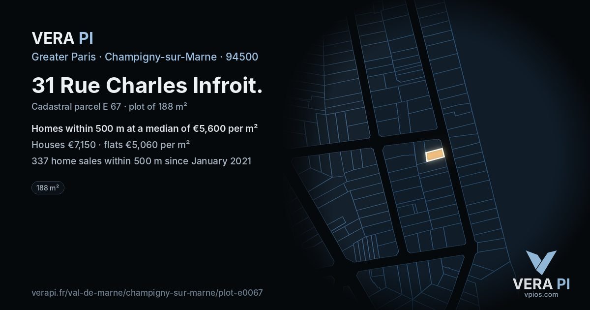 31 Rue Charles Infroit, Champigny-sur-Marne at night – the plot lit, the parcels around coloured by the prices near them