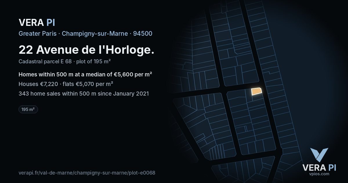22 Avenue de l'Horloge, Champigny-sur-Marne at night – the plot lit, the parcels around coloured by the prices near them