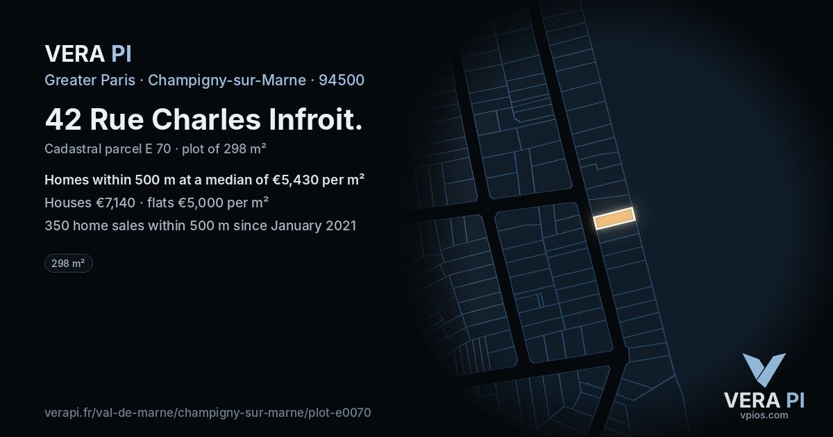 42 Rue Charles Infroit, Champigny-sur-Marne at night – the plot lit, the parcels around coloured by the prices near them