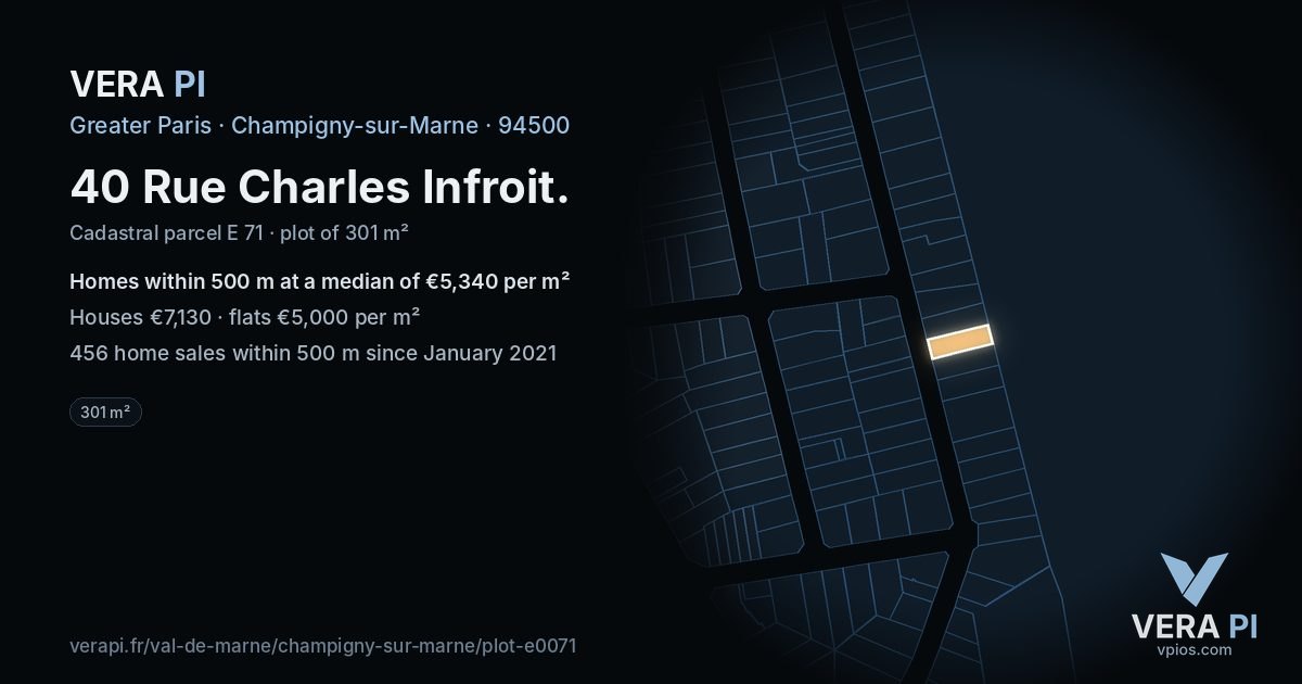 40 Rue Charles Infroit, Champigny-sur-Marne at night – the plot lit, the parcels around coloured by the prices near them