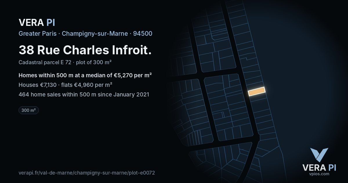38 Rue Charles Infroit, Champigny-sur-Marne at night – the plot lit, the parcels around coloured by the prices near them