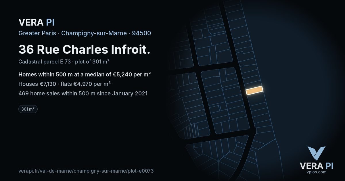 36 Rue Charles Infroit, Champigny-sur-Marne at night – the plot lit, the parcels around coloured by the prices near them