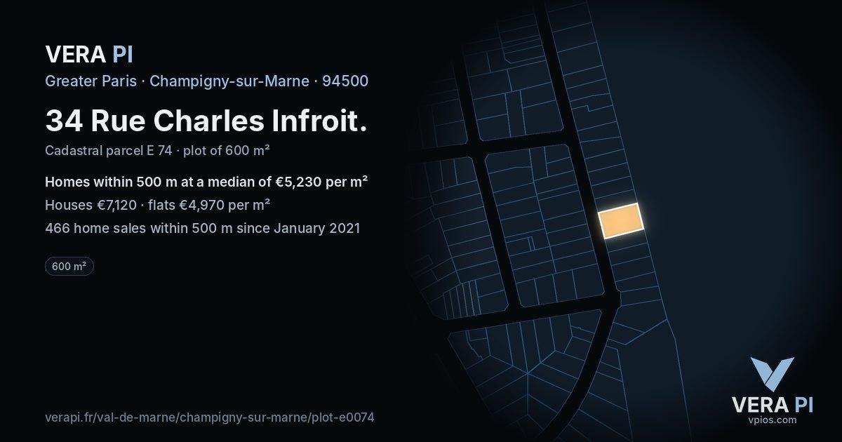 34 Rue Charles Infroit, Champigny-sur-Marne at night – the plot lit, the parcels around coloured by the prices near them