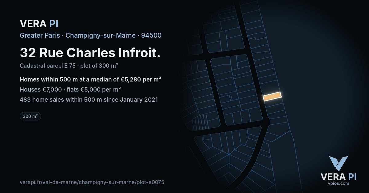 32 Rue Charles Infroit, Champigny-sur-Marne at night – the plot lit, the parcels around coloured by the prices near them