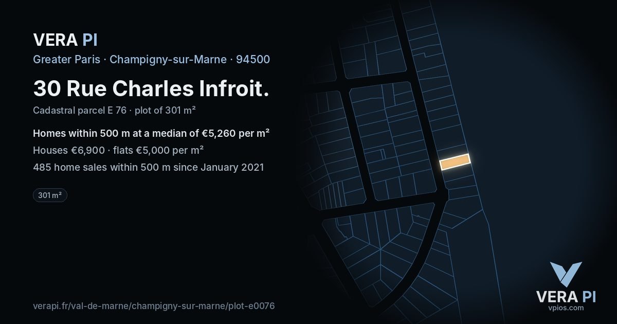 30 Rue Charles Infroit, Champigny-sur-Marne at night – the plot lit, the parcels around coloured by the prices near them