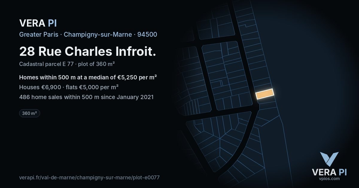 28 Rue Charles Infroit, Champigny-sur-Marne at night – the plot lit, the parcels around coloured by the prices near them