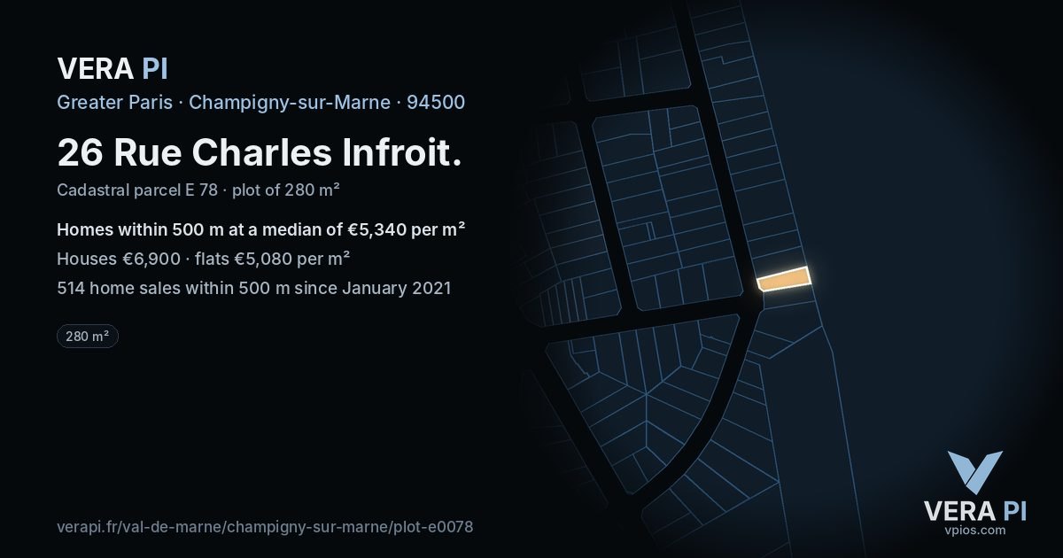 26 Rue Charles Infroit, Champigny-sur-Marne at night – the plot lit, the parcels around coloured by the prices near them