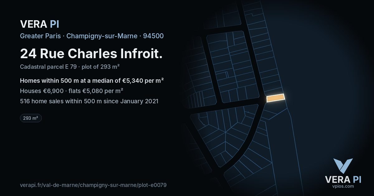 24 Rue Charles Infroit, Champigny-sur-Marne at night – the plot lit, the parcels around coloured by the prices near them