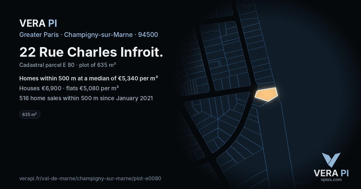 22 Rue Charles Infroit, Champigny-sur-Marne at night – the plot lit, the parcels around coloured by the prices near them