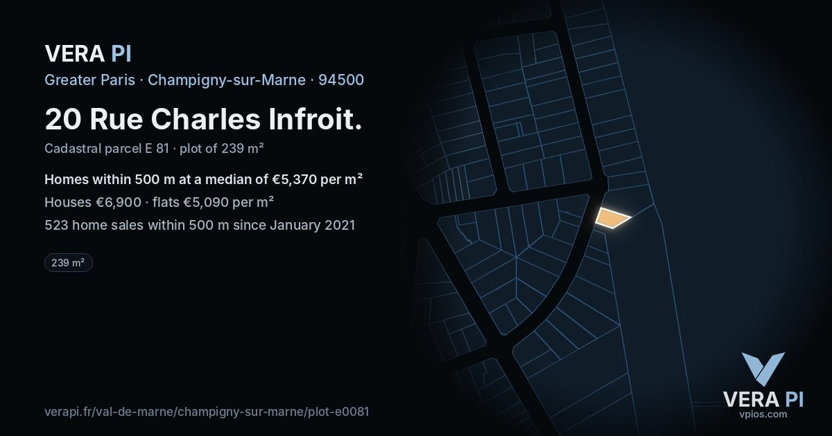 20 Rue Charles Infroit, Champigny-sur-Marne at night – the plot lit, the parcels around coloured by the prices near them