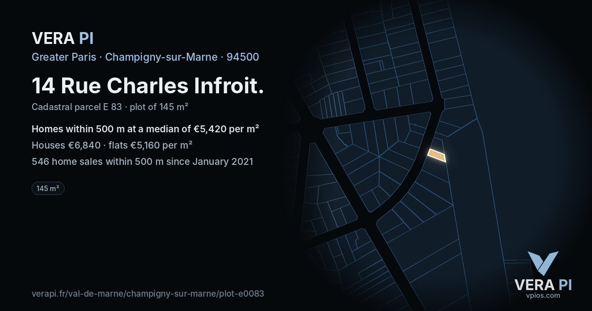 14 Rue Charles Infroit, Champigny-sur-Marne at night – the plot lit, the parcels around coloured by the prices near them