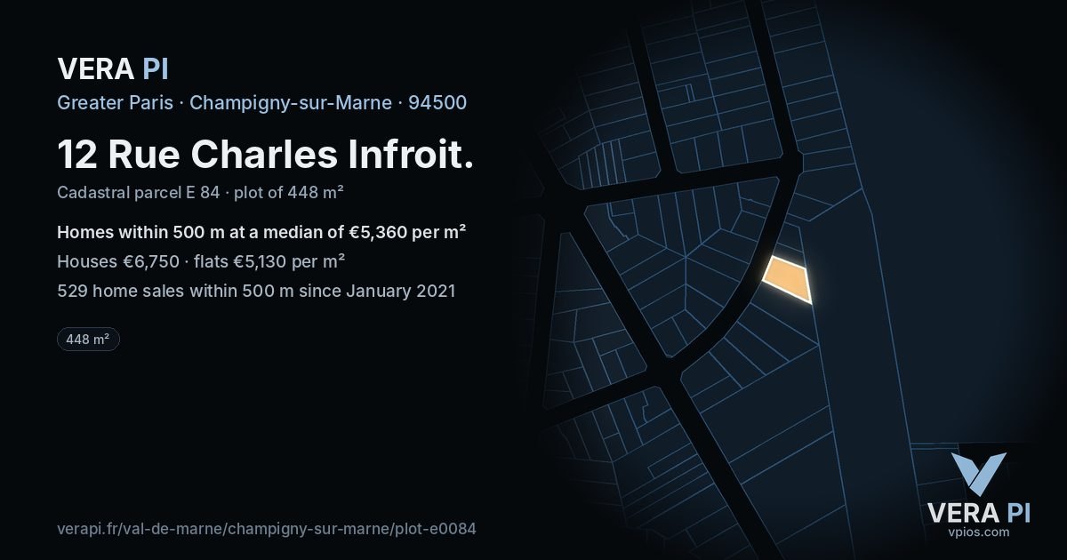 12 Rue Charles Infroit, Champigny-sur-Marne at night – the plot lit, the parcels around coloured by the prices near them