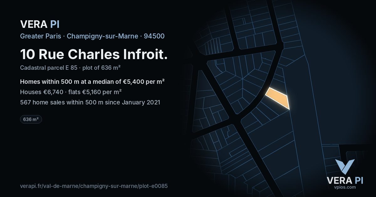 10 Rue Charles Infroit, Champigny-sur-Marne at night – the plot lit, the parcels around coloured by the prices near them