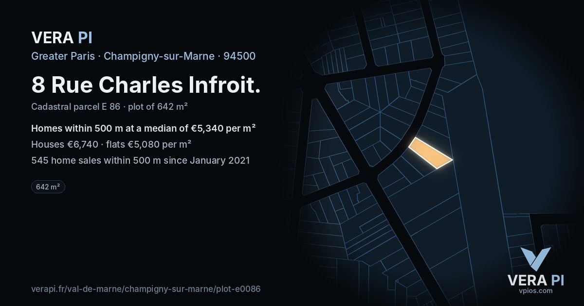 8 Rue Charles Infroit, Champigny-sur-Marne at night – the plot lit, the parcels around coloured by the prices near them