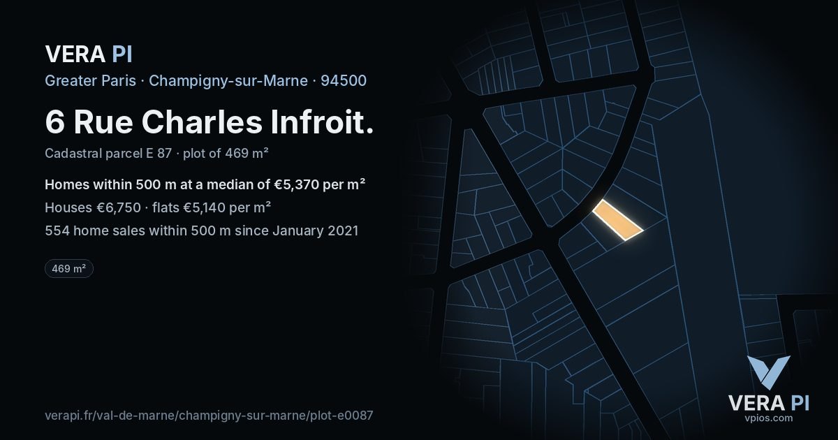 6 Rue Charles Infroit, Champigny-sur-Marne at night – the plot lit, the parcels around coloured by the prices near them
