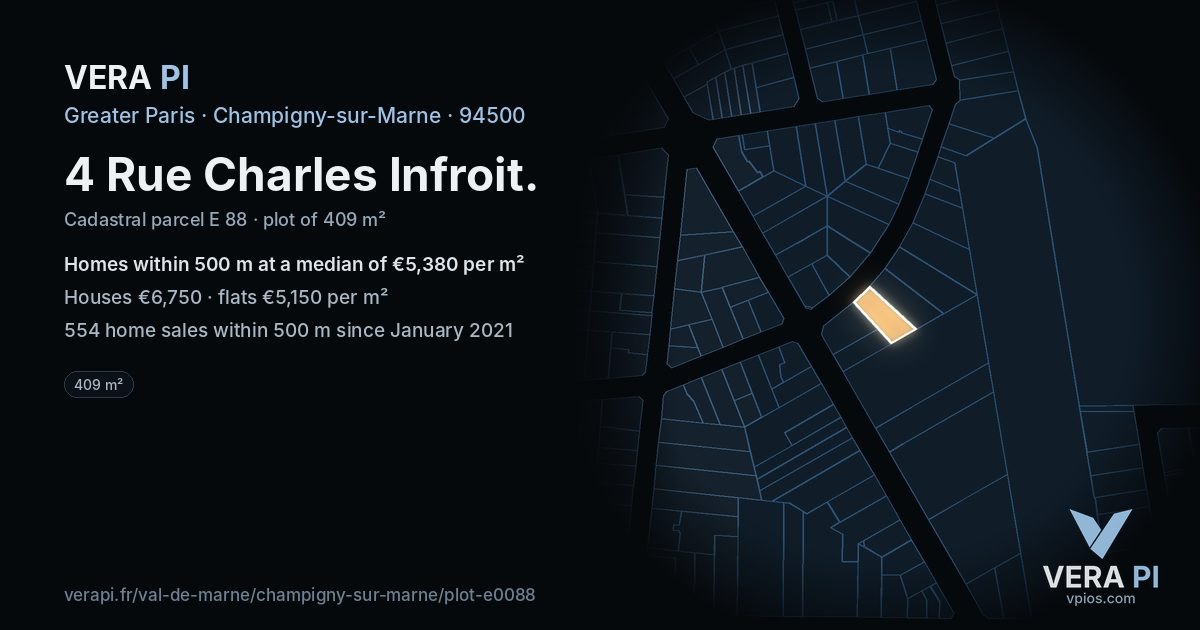 4 Rue Charles Infroit, Champigny-sur-Marne at night – the plot lit, the parcels around coloured by the prices near them