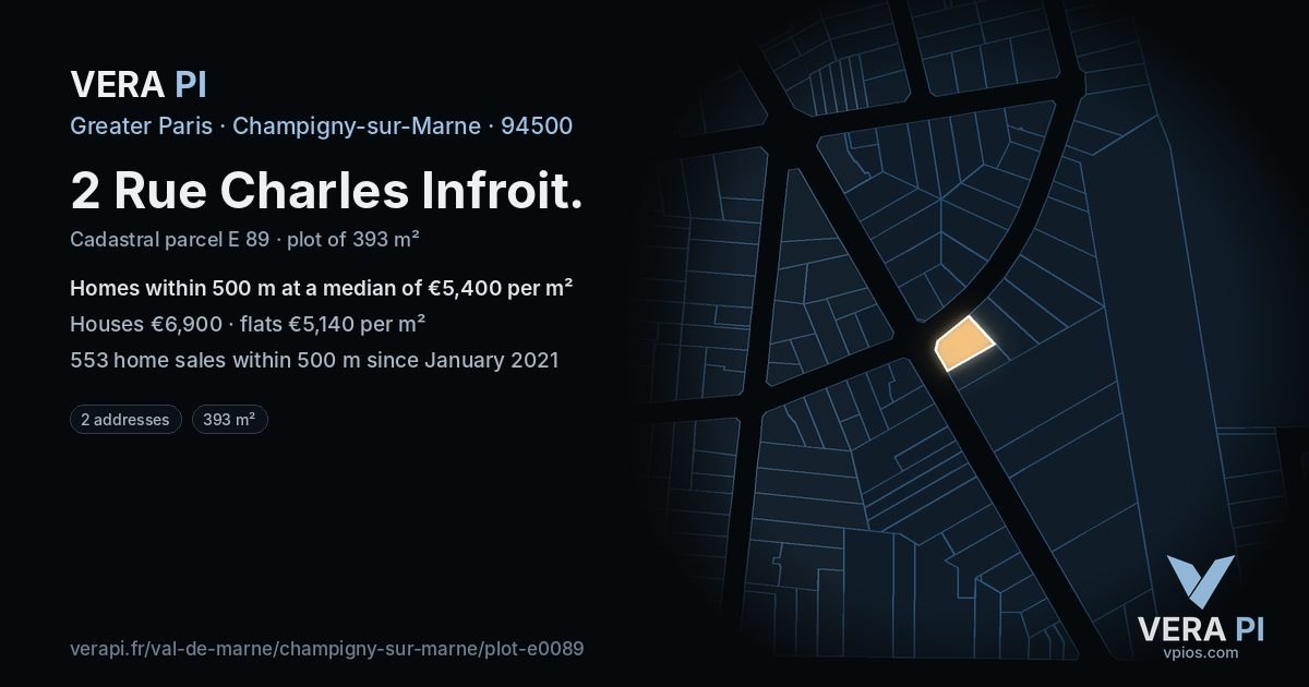 2 Rue Charles Infroit, Champigny-sur-Marne at night – the plot lit, the parcels around coloured by the prices near them