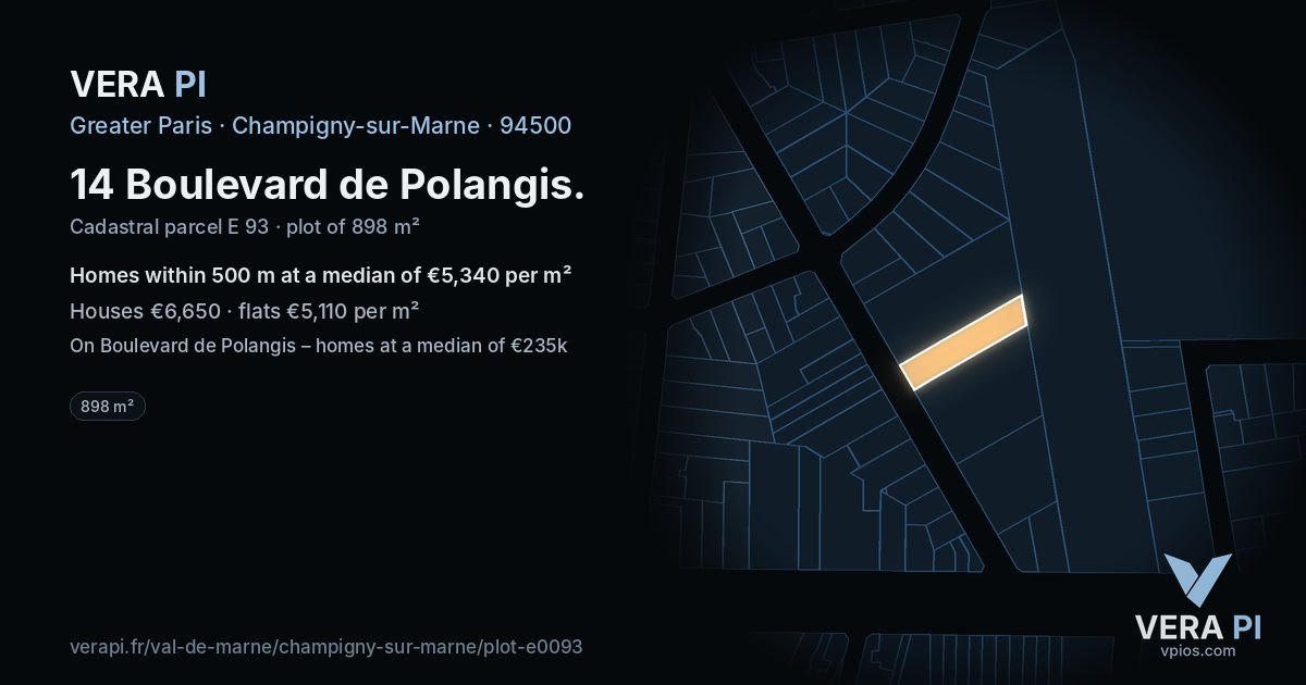 14 Boulevard de Polangis, Champigny-sur-Marne at night – the plot lit, the parcels around coloured by the prices near them