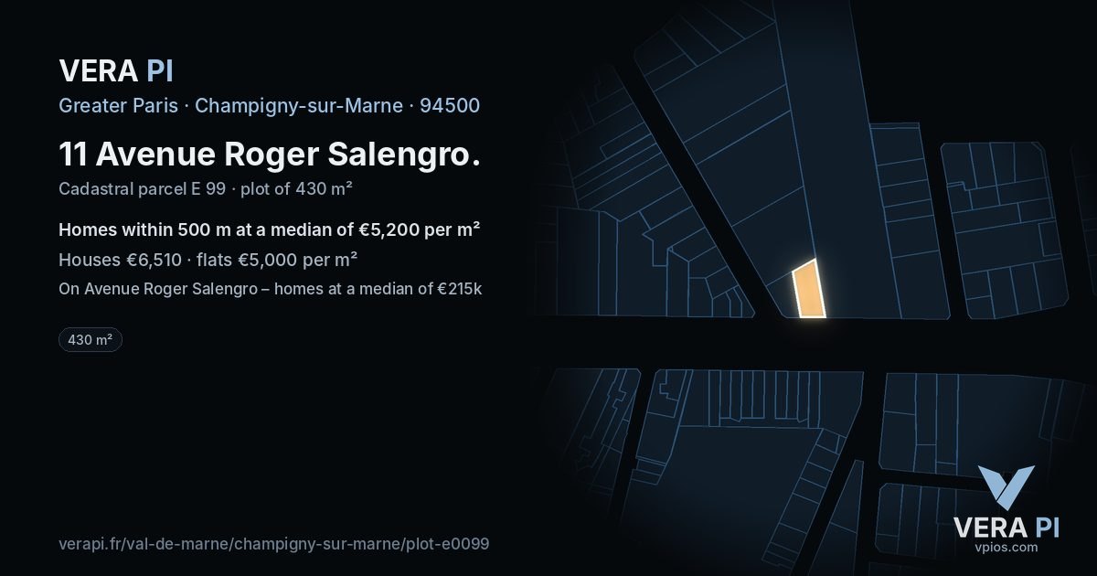 11 Avenue Roger Salengro, Champigny-sur-Marne at night – the plot lit, the parcels around coloured by the prices near them
