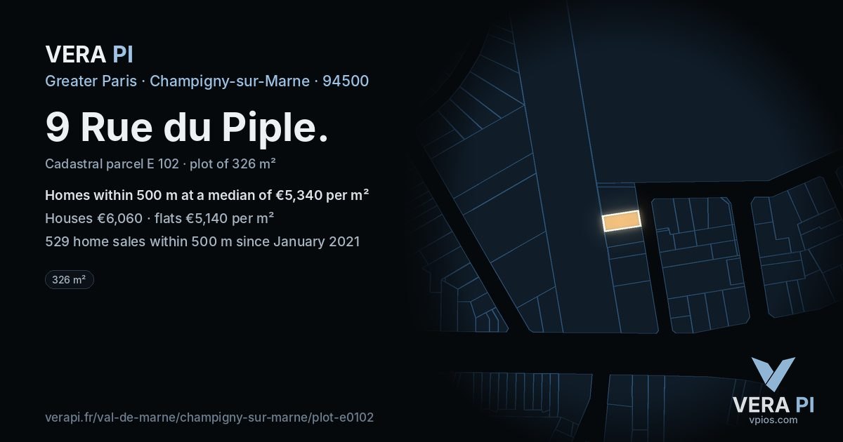 9 Rue du Piple, Champigny-sur-Marne at night – the plot lit, the parcels around coloured by the prices near them
