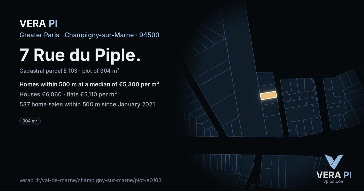 7 Rue du Piple, Champigny-sur-Marne at night – the plot lit, the parcels around coloured by the prices near them