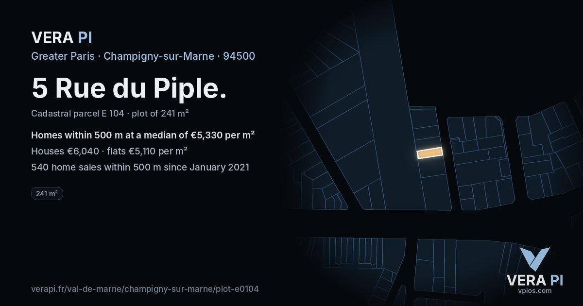 5 Rue du Piple, Champigny-sur-Marne at night – the plot lit, the parcels around coloured by the prices near them