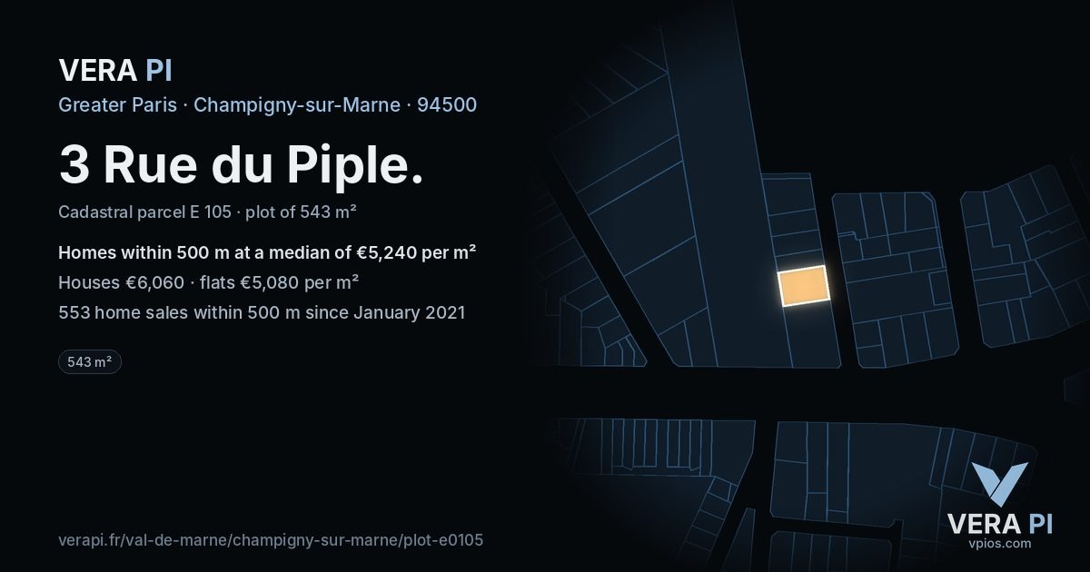 3 Rue du Piple, Champigny-sur-Marne at night – the plot lit, the parcels around coloured by the prices near them