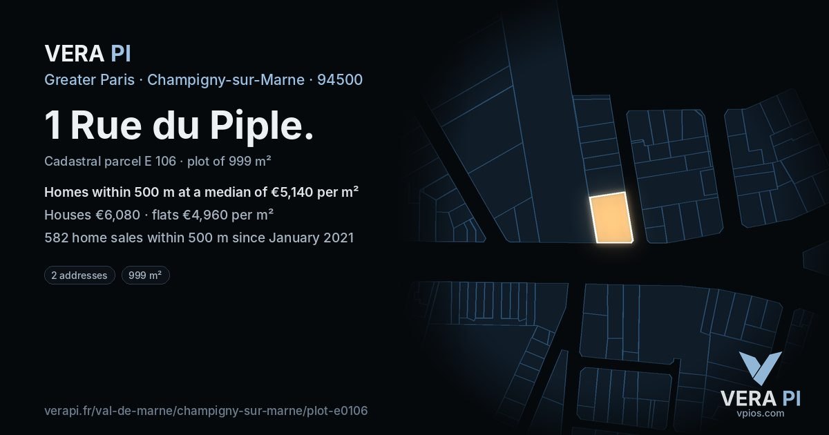 1 Rue du Piple, Champigny-sur-Marne at night – the plot lit, the parcels around coloured by the prices near them