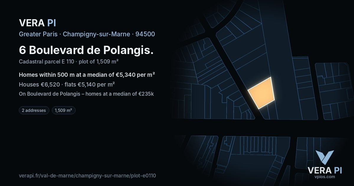 6 Boulevard de Polangis, Champigny-sur-Marne at night – the plot lit, the parcels around coloured by the prices near them