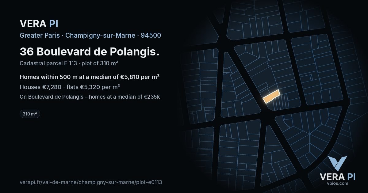 36 Boulevard de Polangis, Champigny-sur-Marne at night – the plot lit, the parcels around coloured by the prices near them