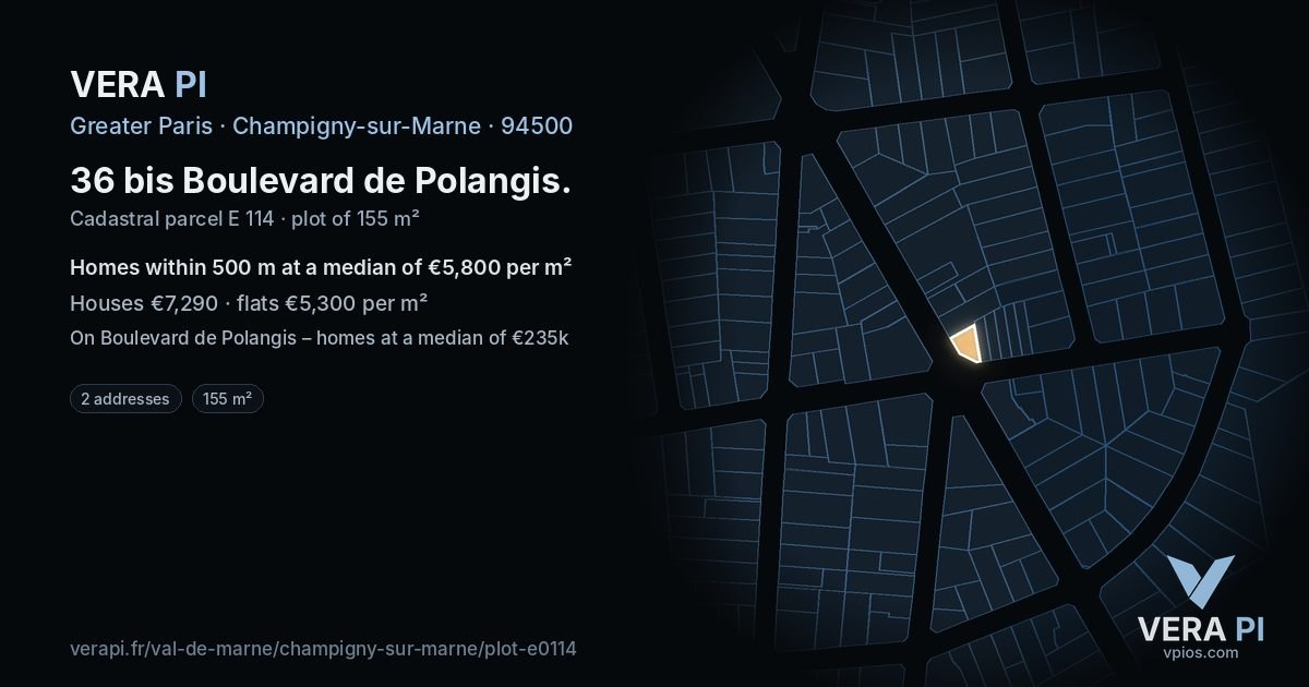 36 bis Boulevard de Polangis, Champigny-sur-Marne at night – the plot lit, the parcels around coloured by the prices near them
